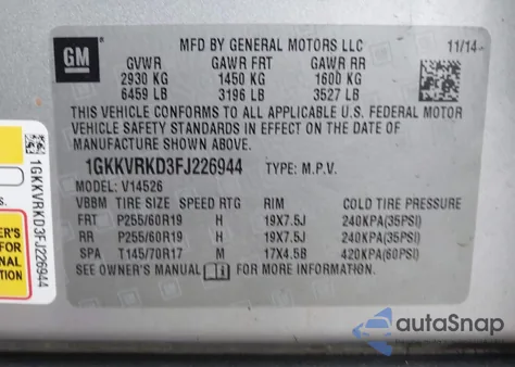 2015 GMC Acadia Slt-1 z USA, uszkodzony, nr VIN 1GKKVRKD3FJ226944